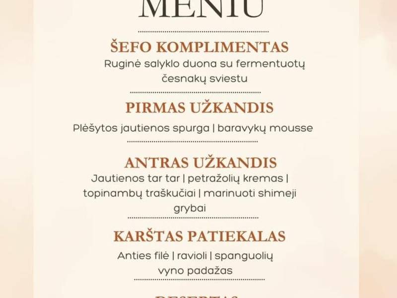 5 patiekalų degustacinė vakarienė